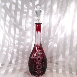 Dark Pink Cut to Clear Bottle or Decanter with Too Big Stopper # 26378